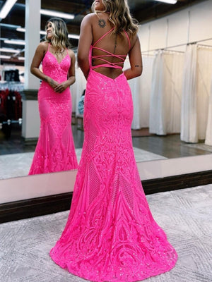 Spaghetti Straps Pink Glitter Backless Mermaid Bodycon Long Prom Dress – Prom Dress by KissProm | Available at KissProm