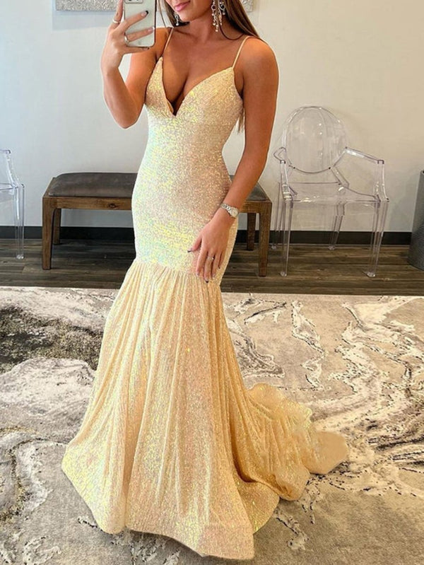 Amaris |Mermaid Orange V Neck Sequins Prom Dress - KissProm