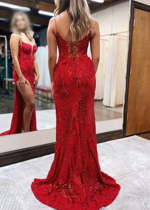 Mermaid Spaghetti Straps Appliques Prom Dress with Slit – Prom Dress by KissProm | Available at KissProm