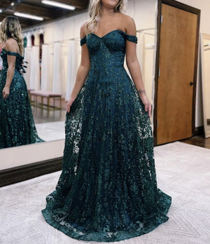 Glitter Mermaid Off The Shoulder Dark Green Long Prom Dress – Prom Dress by KissProm | Available at KissProm