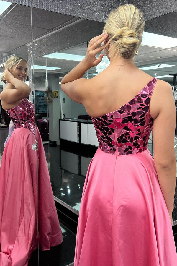 Magnolia |A Line One Shoulder Sequins Long Prom Dress with Slit
