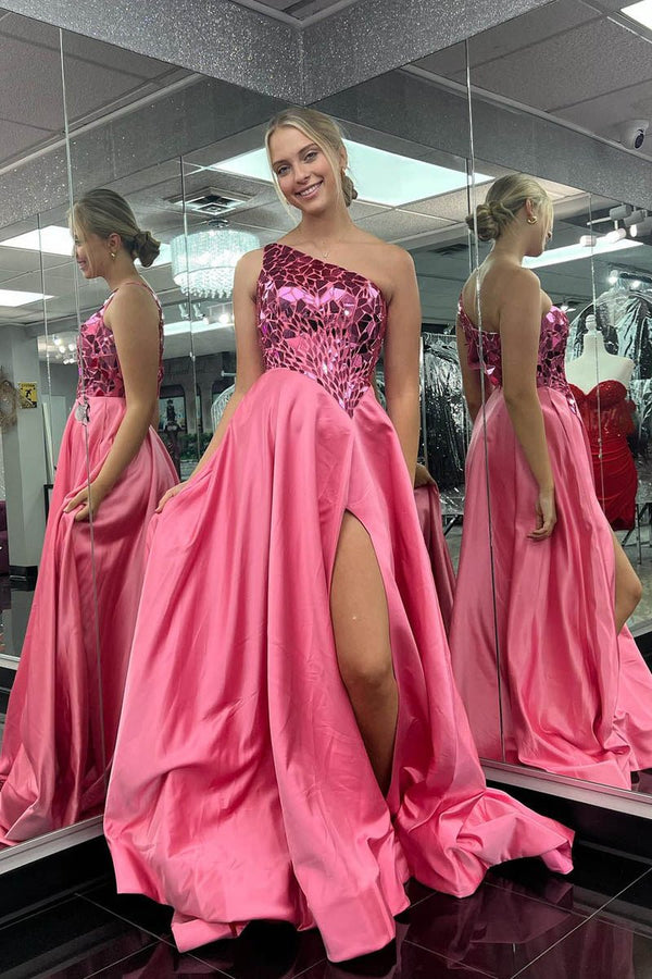 Magnolia |A Line One Shoulder Sequins Long Prom Dress with Slit
