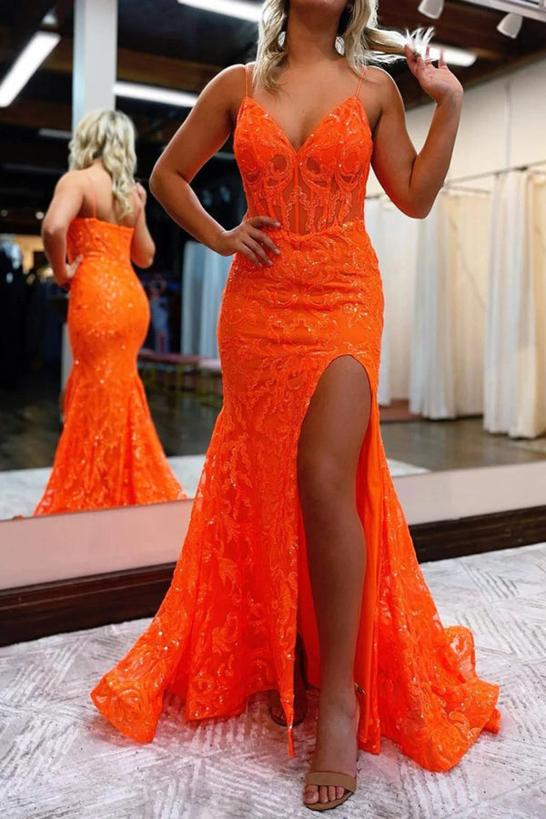 Mermaid Spaghetti Straps Sequined Lace Prom Dress – Prom Dress by KissProm | Available at KissProm