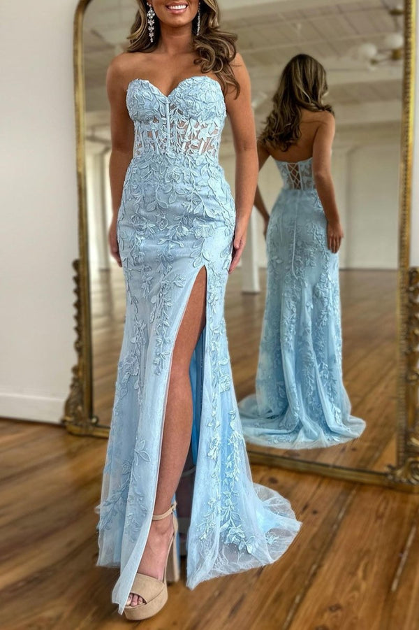 Mermaid Strapless Corset Lace Prom Dress with Slit – Prom Dress by KissProm | Available at KissProm