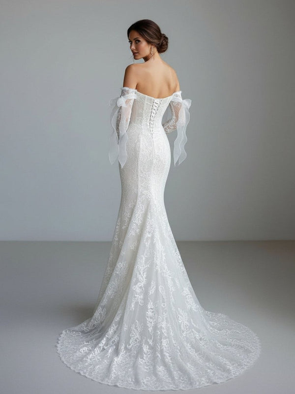 Lace Mermaid Covered - Button Long Sleeve Train Wedding Dress - KissProm