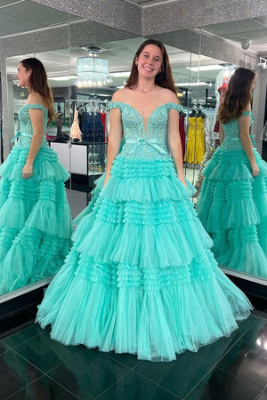 Princess A Line Off the Shoulder Light Pink Long Prom Dress with Ruffles
