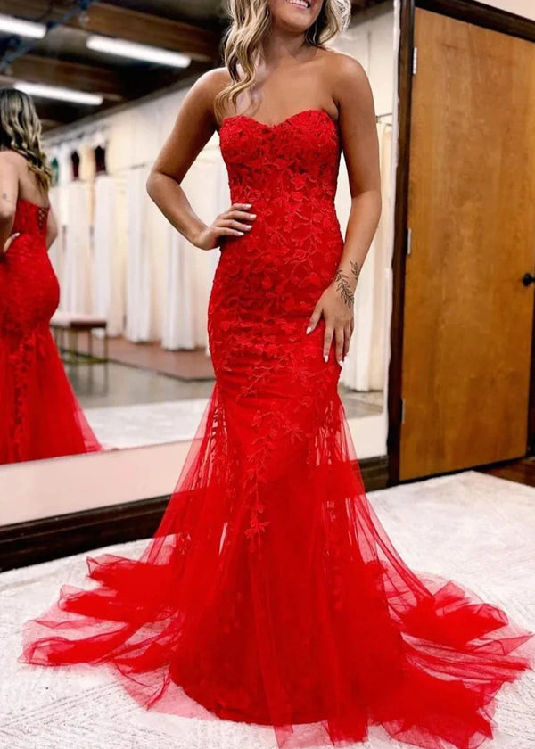 Pink Mermaid Sweetheart Neck Lace Long Prom Dress With Appliques - KissProm