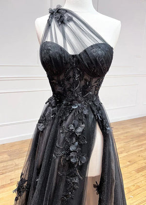 A Line One Shoulder Black Long Prom Dress with Appliques – Prom Dress by KissProm | Available at KissProm