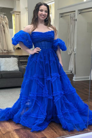 A-Line Strapless Ruffles Long Formal Dress with Puff Sleeves – Prom Dress by KissProm | Available at KissProm