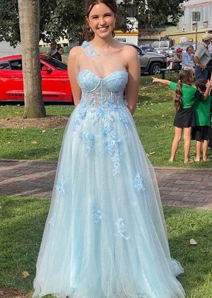 A Line One Shoulder Black Long Prom Dress with Appliques – Prom Dress by KissProm | Available at KissProm