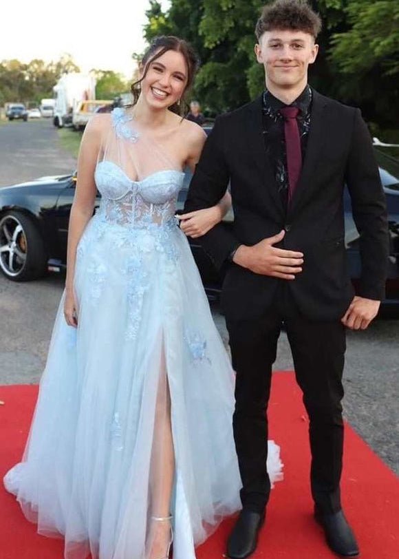 A Line One Shoulder Black Long Prom Dress with Appliques – Prom Dress by KissProm | Available at KissProm