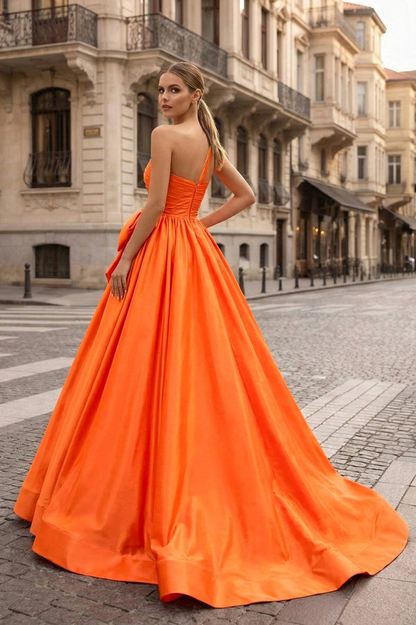 One Shoulder Satin A Line Prom Dress With Bow - KissProm