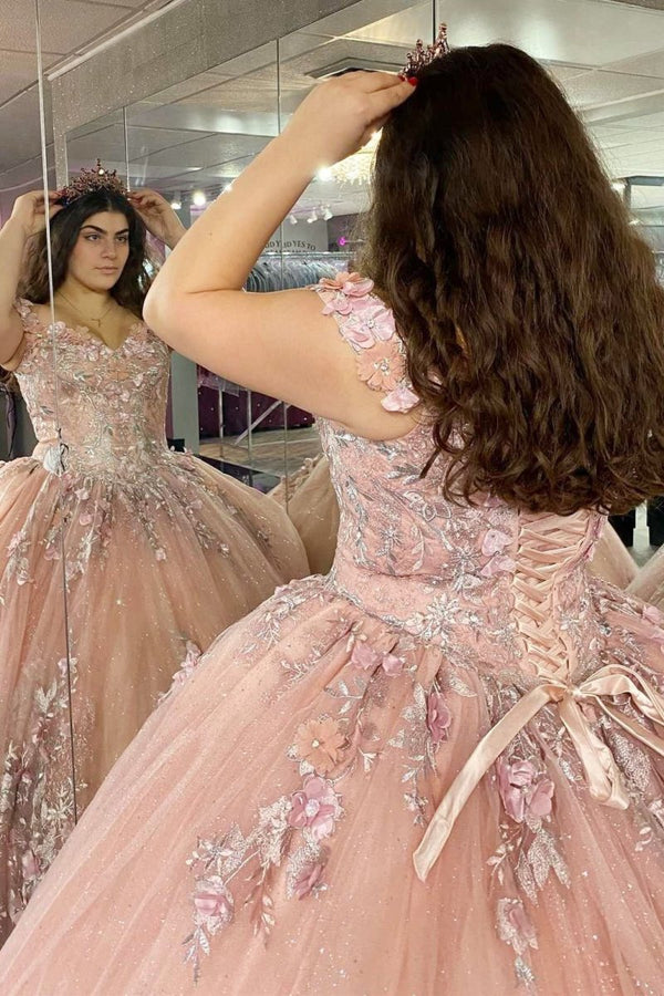 Quinceanera Dress Glitter Pink 3D Floral Lace Off - the - Shoulder - KissProm