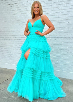 Amanda| A-Line Spaghetti Straps Long Tiered Tulle Prom Dress With Split