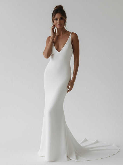 Elegant Mermaid V-Neck Elastic Satin Long Wedding Dresses – Wedding Dress by Kissprom | Available at KissProm