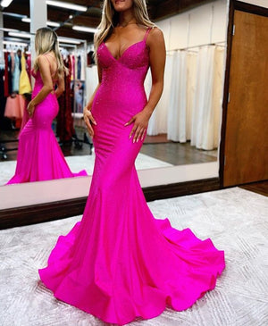Sparkly Mermaid Spaghetti Straps Beaded Satin Long Prom Dress – Prom Dress by KissProm | Available at KissProm