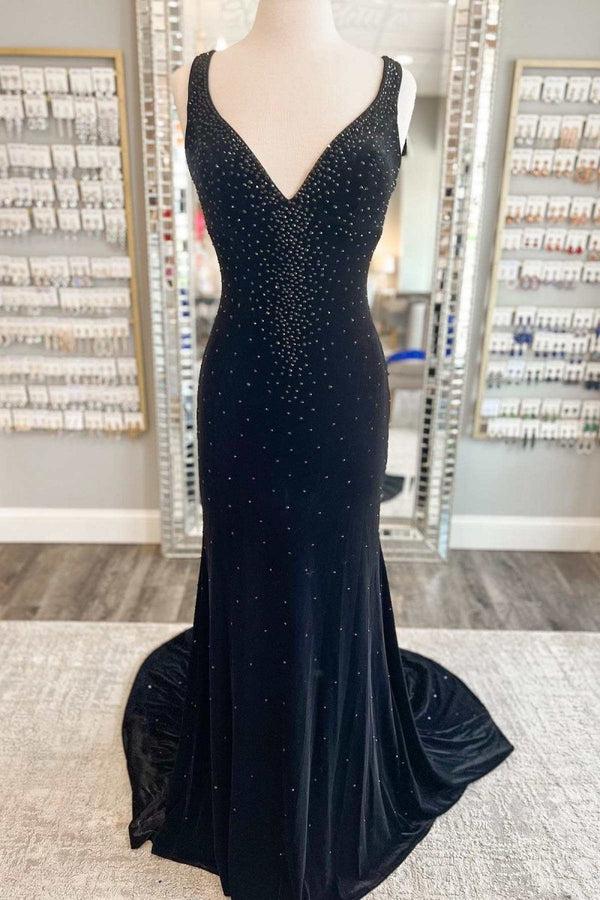 Emerald Velvet V - Neck Cutout Back Mermaid Long Formal Dress - KissProm