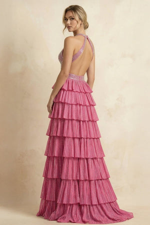 Dusty Pink - A - Line Halter Satin Beaded Long Prom Dresses With Ruffles - KissProm