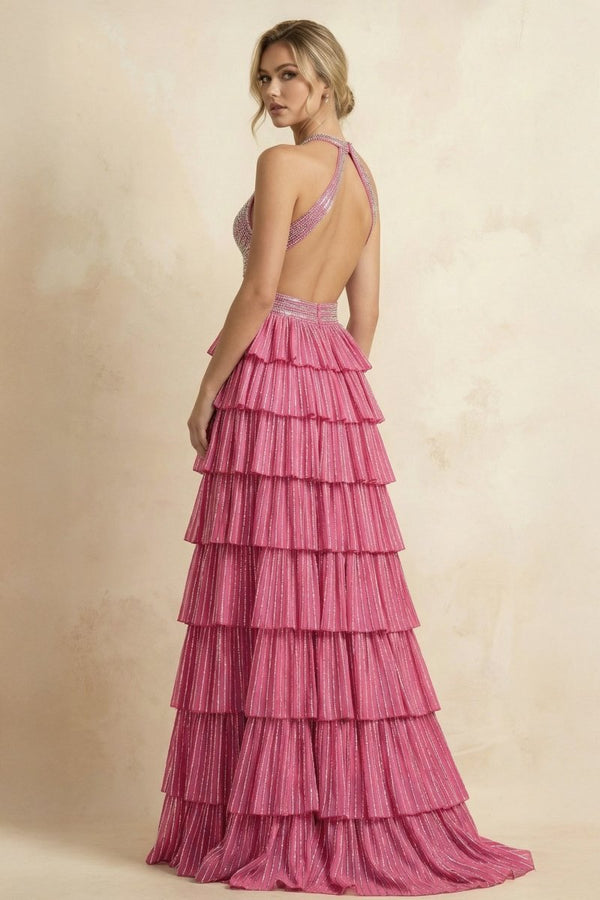 Dusty Pink - A - Line Halter Satin Beaded Long Prom Dresses With Ruffles - KissProm