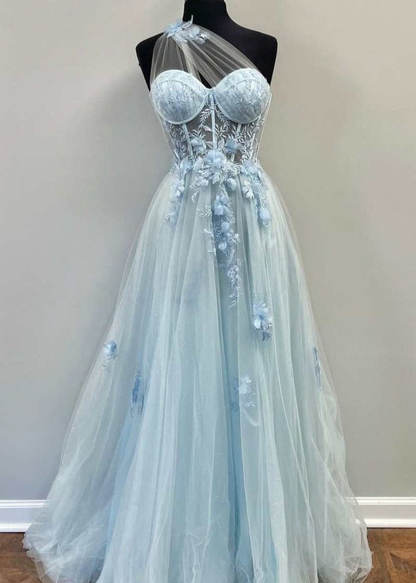 A Line One Shoulder Black Long Prom Dress with Appliques – Prom Dress by KissProm | Available at KissProm
