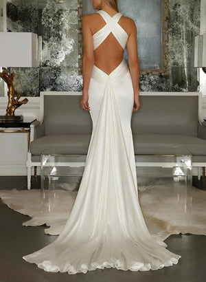 Mermaid V-Neck Sleeveless Sweep Train Silk Like Satin Wedding Dresses – Wedding Dresses by Kissprom | Available at KissProm