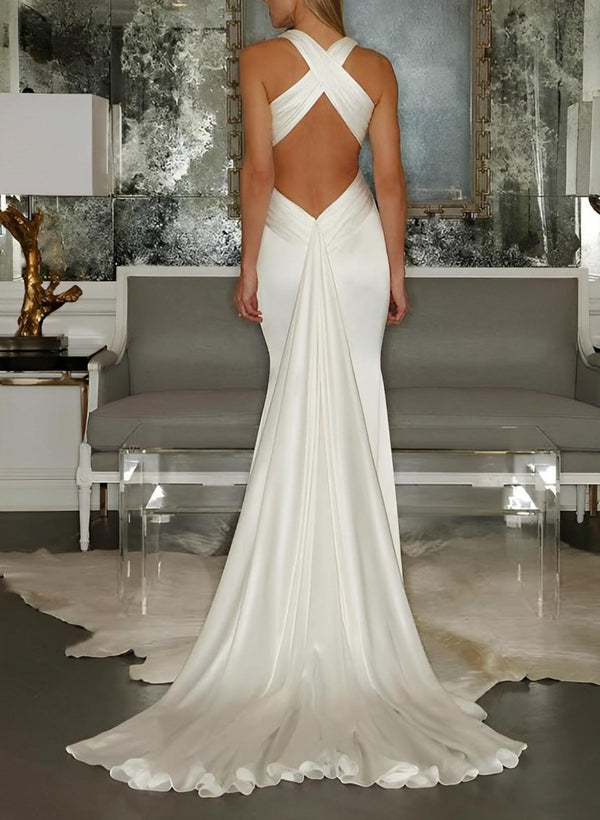Mermaid V-Neck Sleeveless Sweep Train Silk Like Satin Wedding Dresses – Wedding Dresses by Kissprom | Available at KissProm