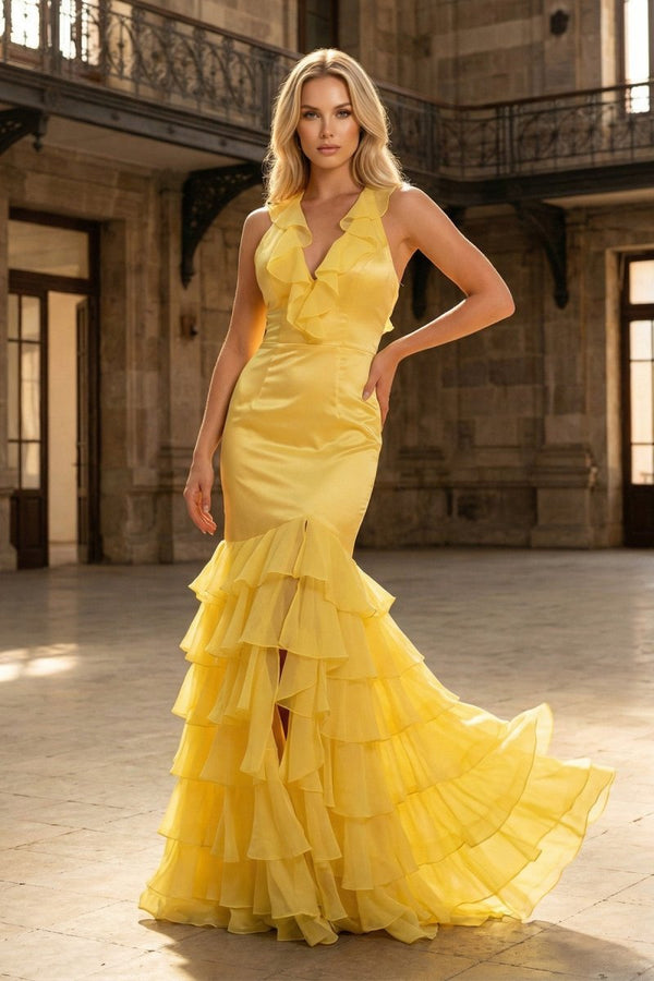 Tatum | Yellow V Neck Satin Mermaid Ruffles Long Prom Dress - KissProm