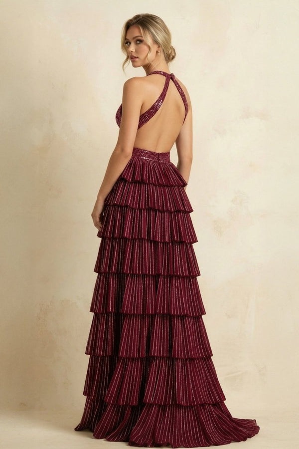 Burgundy - A-Line Halter Satin Beaded Long Prom Dresses With Ruffles – Prom Dresses by KissProm | Available at KissProm