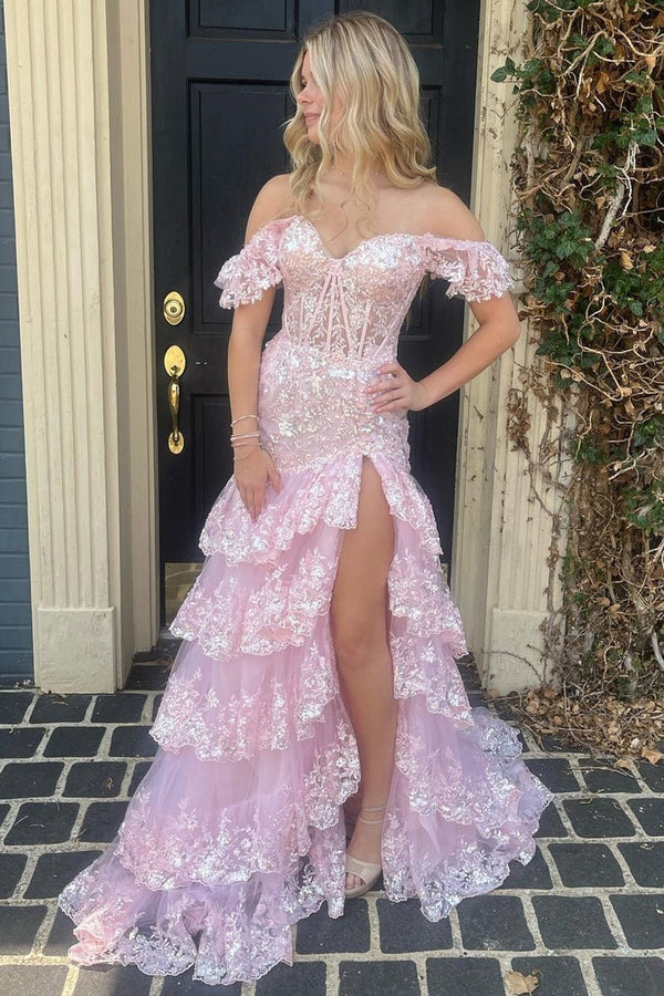 Sheath Off the Shoulder Long Lace Prom Dress (Lace-up Back) – Prom Dress by KissProm | Available at KissProm