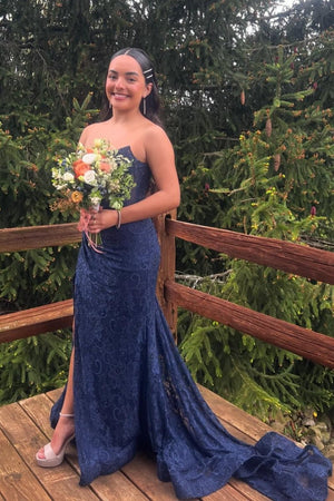 Lavender Strapless Lace Ruched Mermaid Prom Dress with Slit – Prom Dress by KissProm | Available at KissProm
