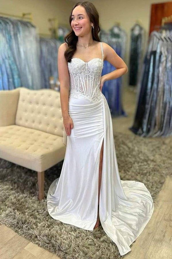 Silver Spaghetti Straps Mermaid Appliqued Prom Dress With Split – Prom Dress by KissProm | Available at KissProm