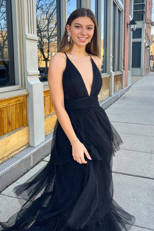 Adalyn | Black A-line Deep V Neck Cross Back Tulle Multi-Layers Long Prom Dress
