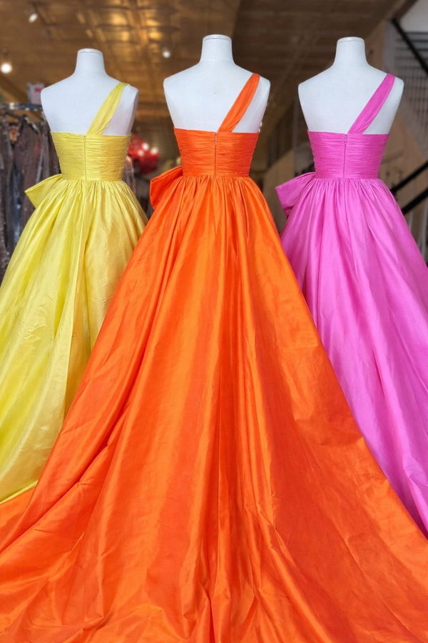 One Shoulder Satin A Line Prom Dress With Bow - KissProm