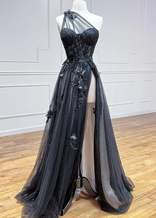 A Line One Shoulder Black Long Prom Dress with Appliques – Prom Dress by KissProm | Available at KissProm