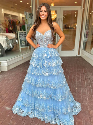 Maryam |A Line Spaghetti Straps Tiered Lace Prom Dress