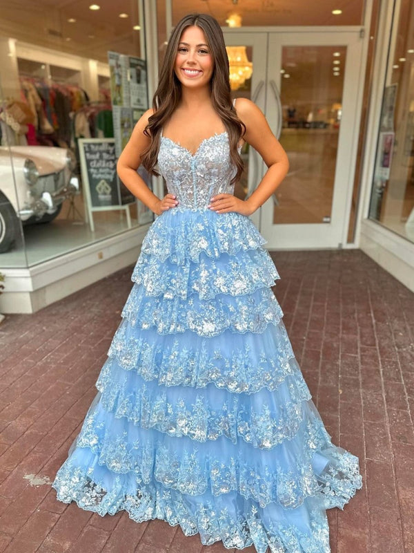 Maryam |A Line Spaghetti Straps Tiered Lace Prom Dress
