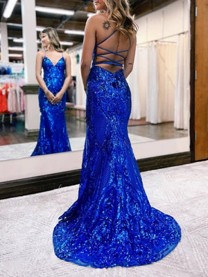 Spaghetti Straps Pink Glitter Backless Mermaid Bodycon Long Prom Dress – Prom Dress by KissProm | Available at KissProm