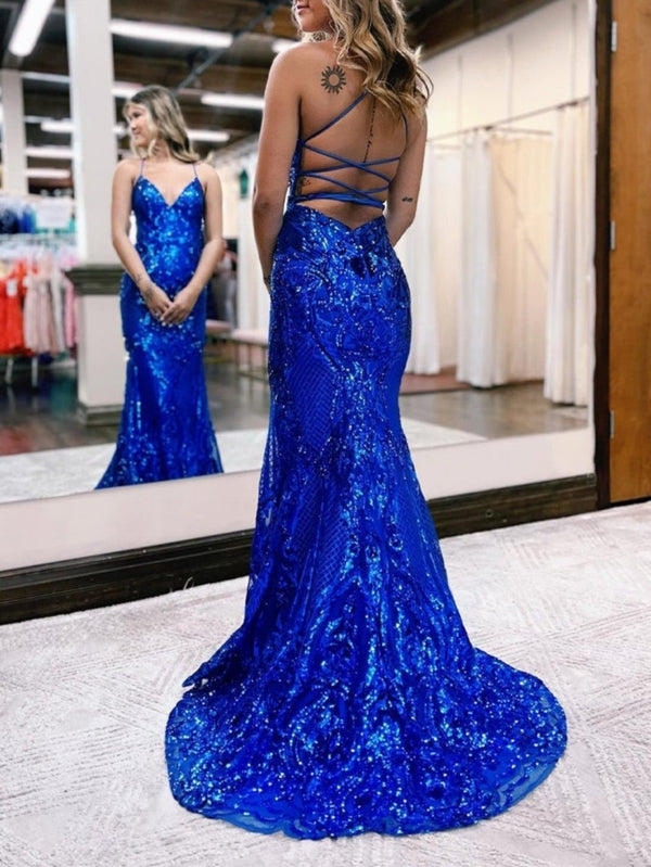 Spaghetti Straps Pink Glitter Backless Mermaid Bodycon Long Prom Dress – Prom Dress by KissProm | Available at KissProm