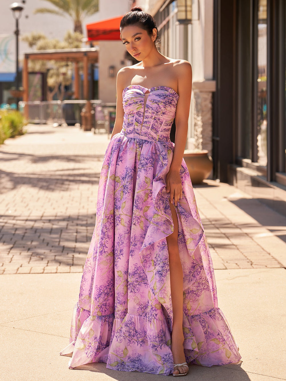 Lilac A-Line Corset Detachable Strapless Floral Long Prom Dress
