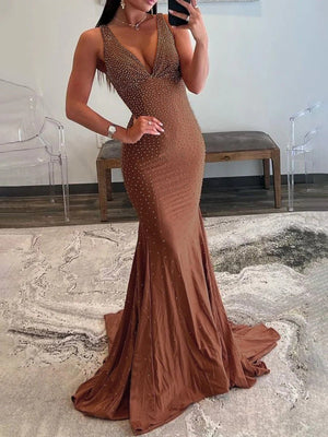 Mermaid Deep V-Neck Beaded Satin Long Prom Dress – Prom Dress by KissProm | Available at KissProm