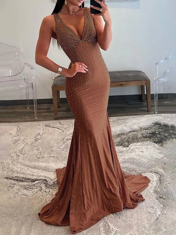 Mermaid Deep V-Neck Beaded Satin Long Prom Dress – Prom Dress by KissProm | Available at KissProm