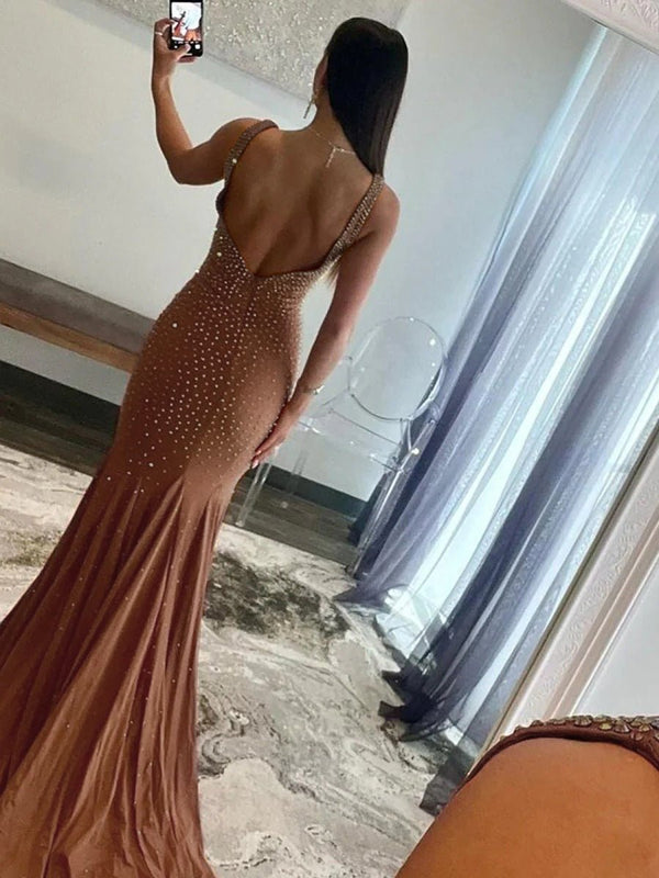 Mermaid Deep V-Neck Beaded Satin Long Prom Dress – Prom Dress by KissProm | Available at KissProm