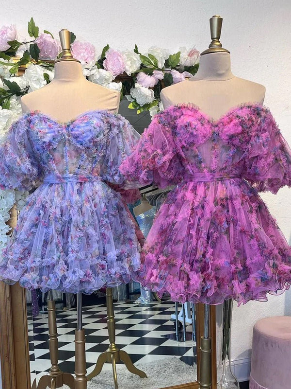 Ivana |A Line Off the Shoulder Floral Printed Homecoming Dress