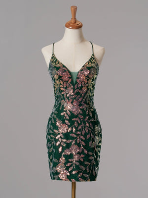 Kasiani | Green - Bodycon V Neck Sequined Homecoming Dresses