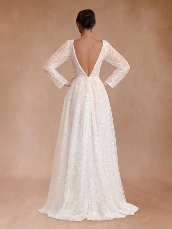 Frayah | Bohemian A - Line Sparkly Sequined Luxury Wedding Dresses - KissProm