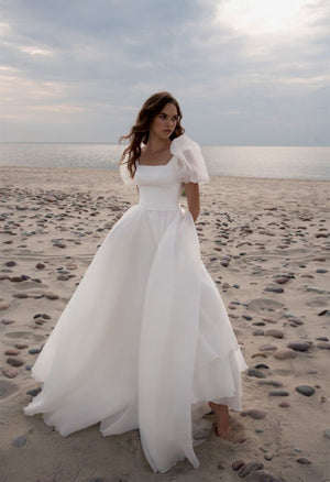 Charming A-Line Square Neck Short Sleeves Wedding Dresses with Train – Wedding Dresses by kissprom | Available at KissProm