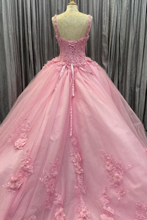 Pink Tulle Floral Appliques Sweetheart Lace-Up Quinceanera Dress – Prom Dress by KissProm | Available at KissProm