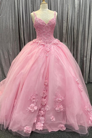 Pink Tulle Floral Appliques Sweetheart Lace-Up Quinceanera Dress – Prom Dress by KissProm | Available at KissProm