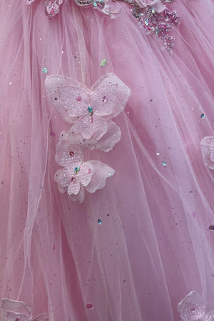 Pink Tulle Floral Appliques Sweetheart Lace-Up Quinceanera Dress – Prom Dress by KissProm | Available at KissProm