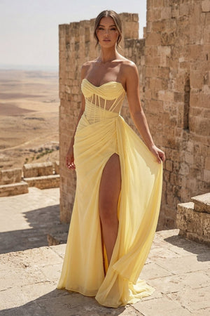Yellow Sweetheart Sheath Pleated Long Prom Dresses With Slit – Prom Dress by KissProm | Available at KissProm